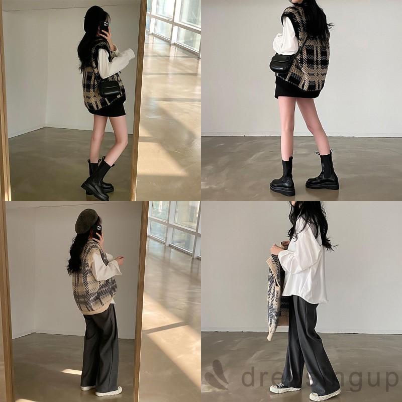 Áo sweater cổ chữ V không tay in họa tiết caro màu sắc cổ điển cho nữ