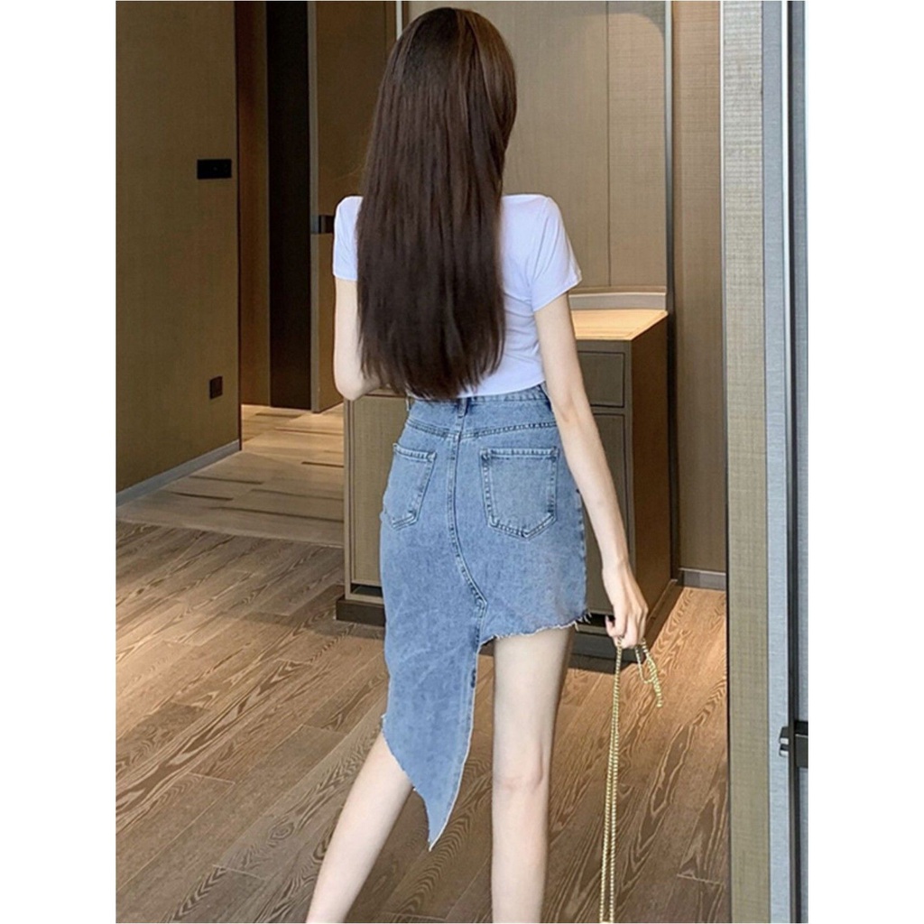 Jiashucheng Chân Váy Jean Lưng Cao Xẻ Tà Thời Trang Mùa Hè Phong Cách Hàn Quốc Cho Nữ