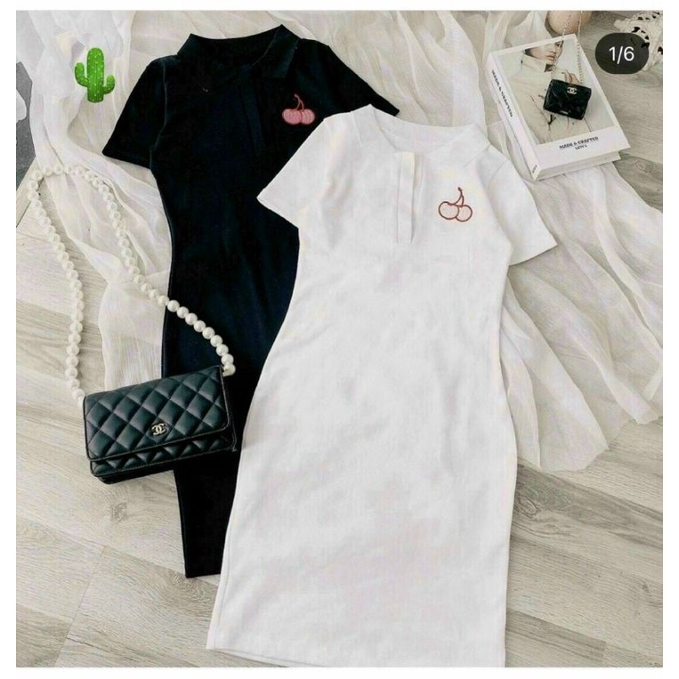 Đầm body cổ trụ ôm thêu hình quả cherry (BC)