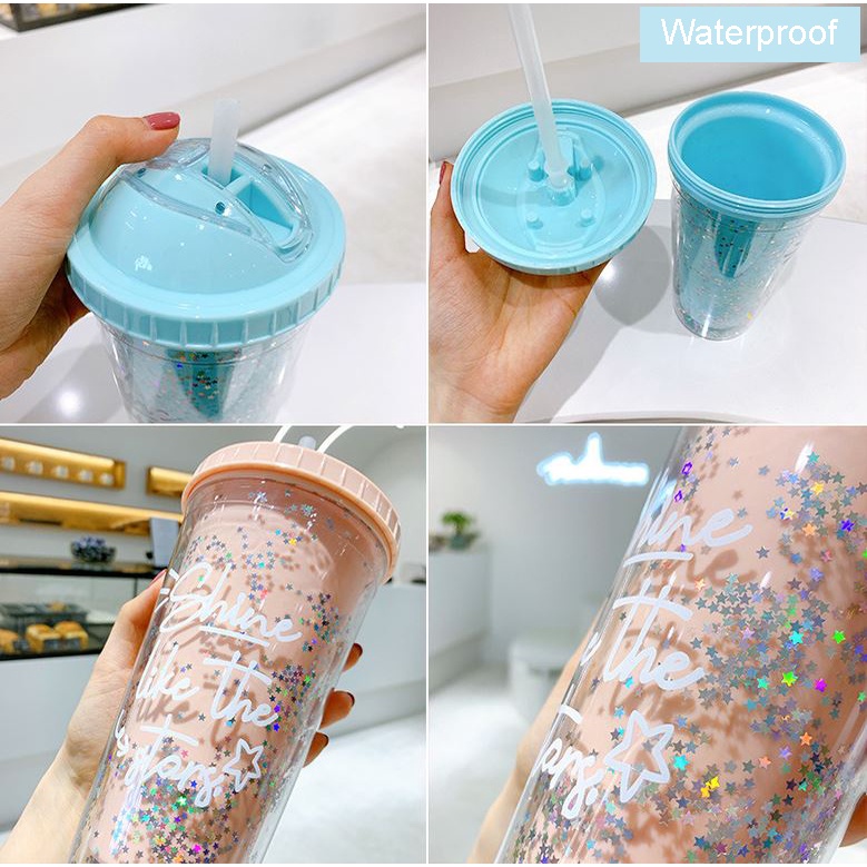 Bình Nước Kim Tuyến Dung Tích 550Ml Kèm Ống Hút Tiện Lợi Khi Đi Du Lịch