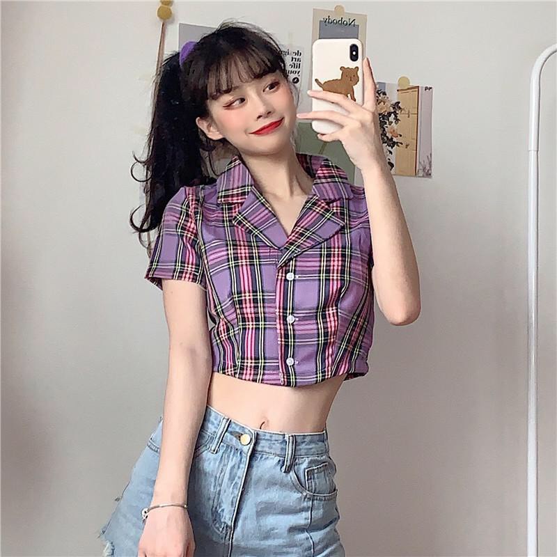 ❤ Xưởng May Giá Sỉ ✨  Áo Sơ Mi Croptop Tay Ngắn Kẻ Sọc Caro Thời Trang Cho Nữ - Croptop Caro Kẻ Tím Đen Đỏ Hồng Vàng Xan