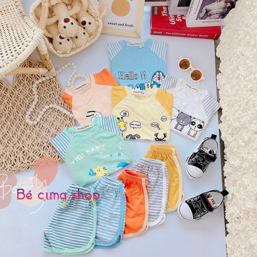 Bộ cộc tay cho bé trai bé gái, Bộ cộc tay Minky mom chính hãng thun lạnh họa tiết hình cho bé từ 7 - 20kg