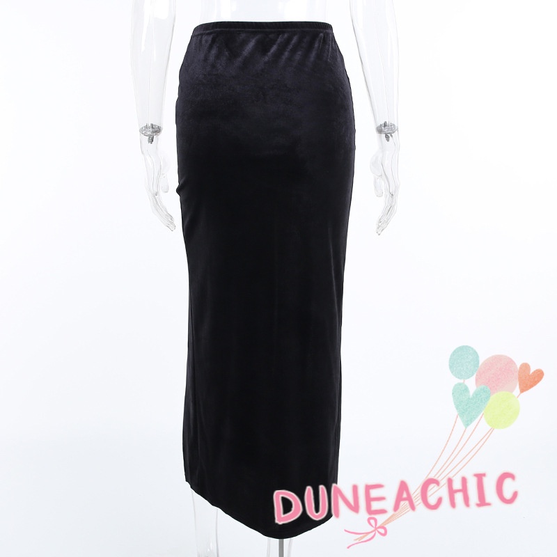 DUNEA Chân Váy Nhung Dáng Dài Xẻ Tà Phong Cách Gothic