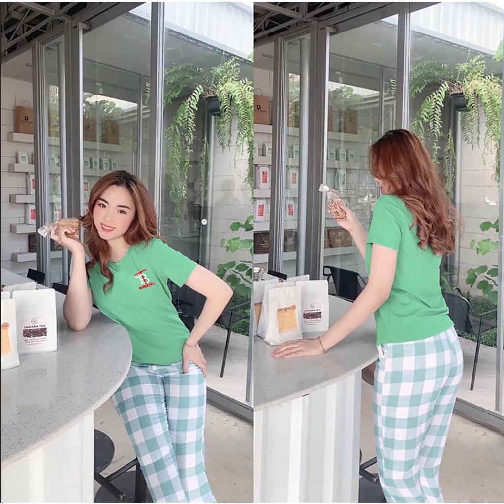 ĐỒ BỘ THUN THÊU CHỮ BT QUẦN PHỐI KẺ THỜI TRANG CHẤT THUN COTTON CO GIÃN