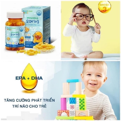 Dầu cá Omega 3 Nutri D- Day Omega 3 Baby & Kids dạng kẹo dẻo vị cam ngọt thơm dễ ăn dành cho trẻ trên 2 tuổi lọ 60 viên