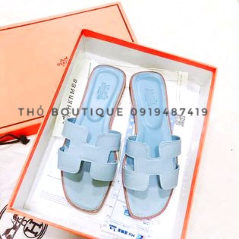 Dép bệt da sần Her.mes xuất xịn quai ngang xanh ngọc size 36-37