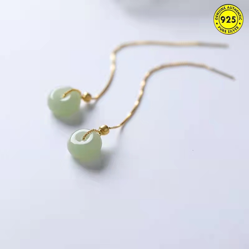 Hoa tai dáng dài đính ngọc bích phối tua rua thời trang cho nữ