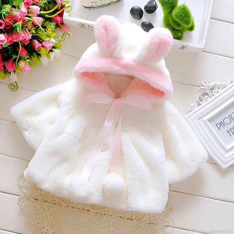 My Baby  Girl Imitation Rabbit Fur Ear Shawl Coat Hooded Cartoon Warm Thick Pink White Jacket
