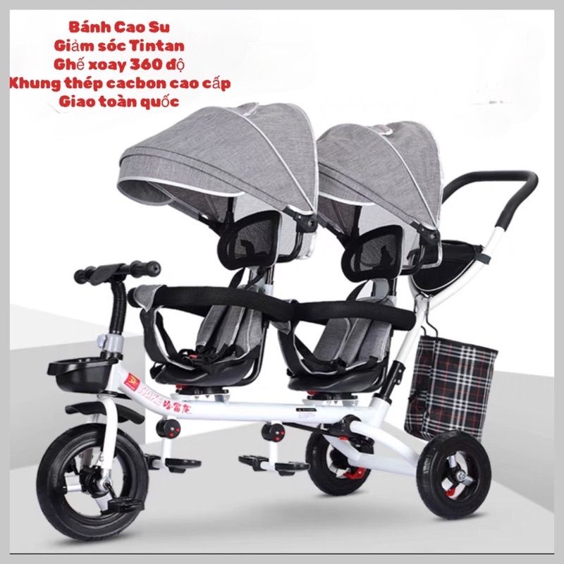 Xe đẩy đôi cho bé - Bánh cao su- giảm xóc titan- ghế xoay 360 độ