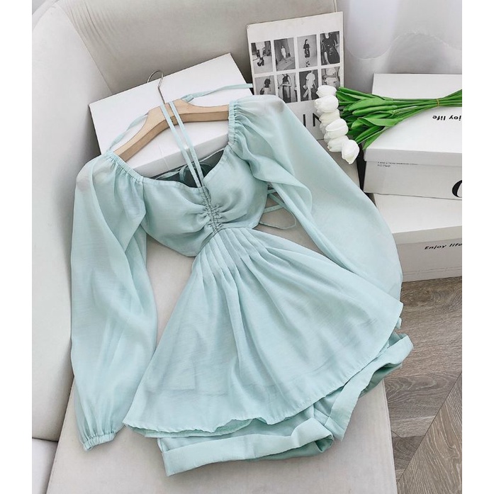 Set áo cutout nhún ngực đan dây lưng + quần short ( có bigsize ) H41