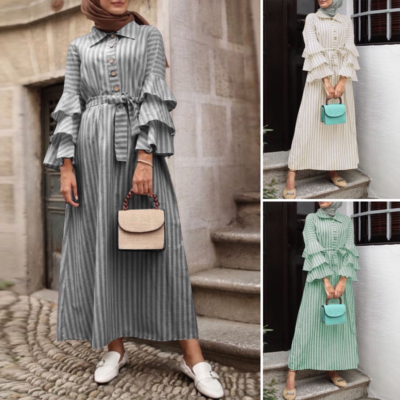 Đầm maxi Zanzea tay dài phong cách retro cho nữ Hồi giáo