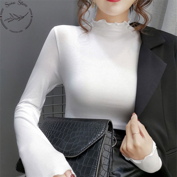 [Quà tặng là kẹo] Áo thun nữ tay dài cổ cao ôm body, Áo phông nữ có cổ len tăm SUNA FASHION từ 40-60Kg AT01 | BigBuy360 - bigbuy360.vn
