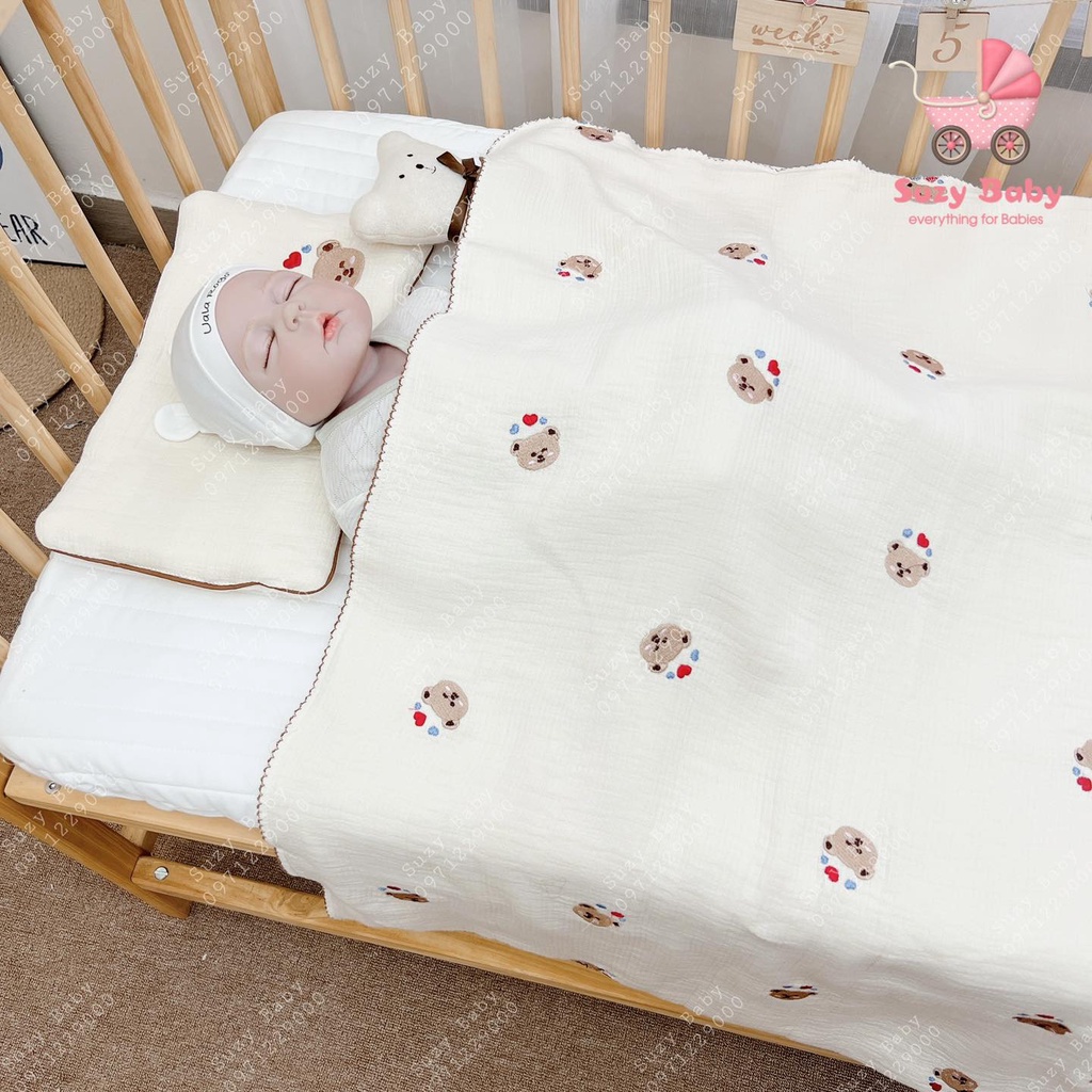 Set chăn gối xô organic thêu mẫu mới cho bé, Suzy baby