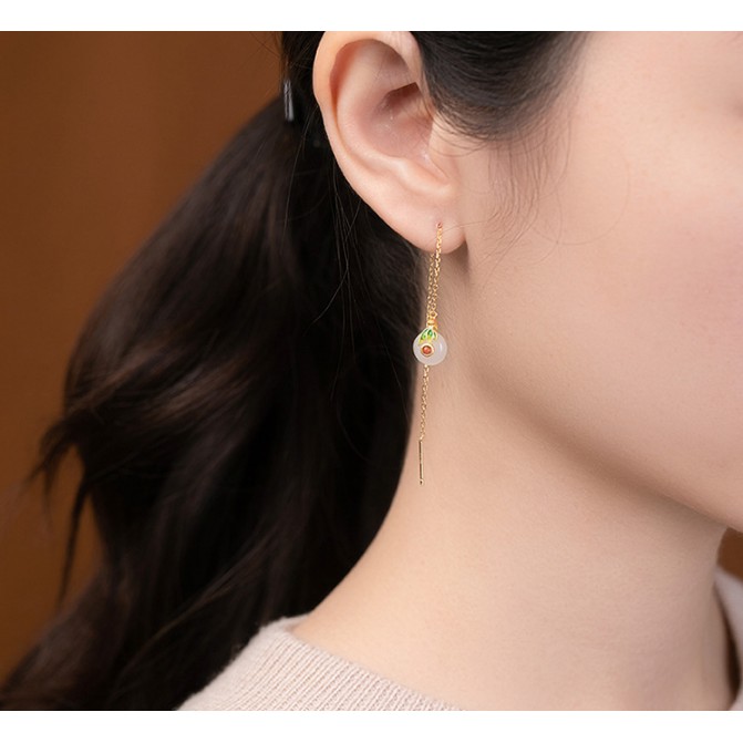 BT239 Bông Tai Trúc Anh đá trắng phớt lục tự nhiên và bạc hình lá trúc xanh dáng dài.