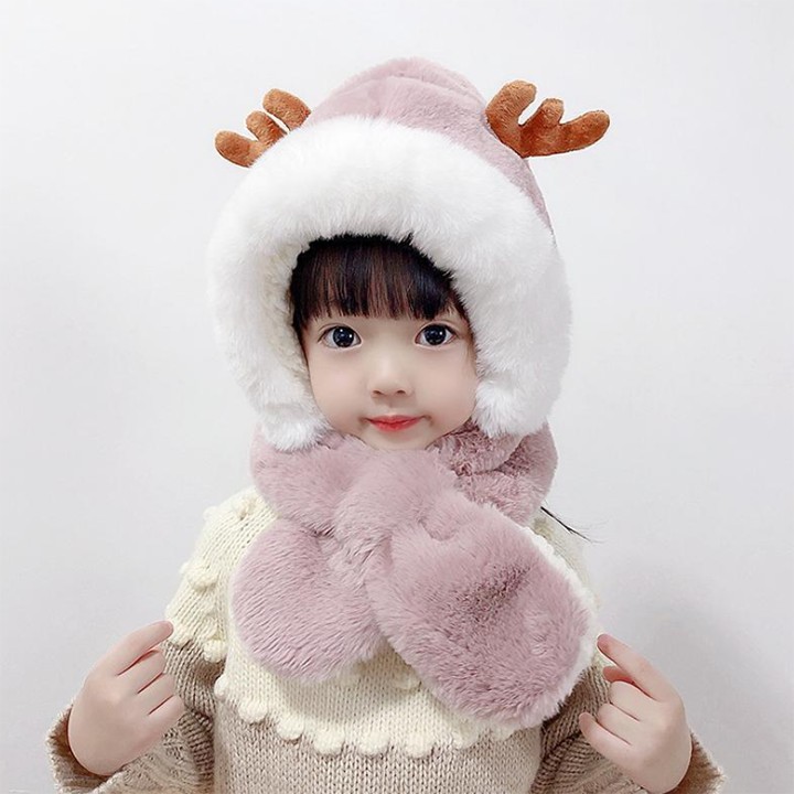 Nón lông cừu sừng hươu- mũ len trùm đầu kèm khăn quàng cổ cho bé giữ ấm mùa đông