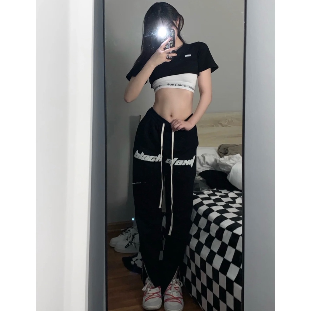 Quần thể thao ZHELIHANGFEI thiết kế xẻ tà thêu chữ phong cách đường phố Mỹ cá tính