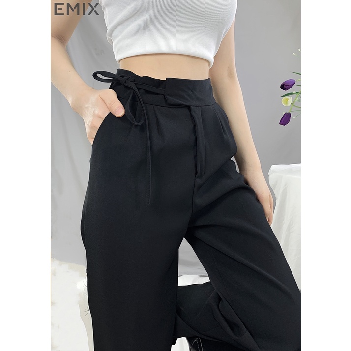Quần vải xuông buộc dây EMIX (3 màu), basic trousers, dáng dài, cạp cao, ống suông, kèm dây đai, chất liệu tuytxi 534