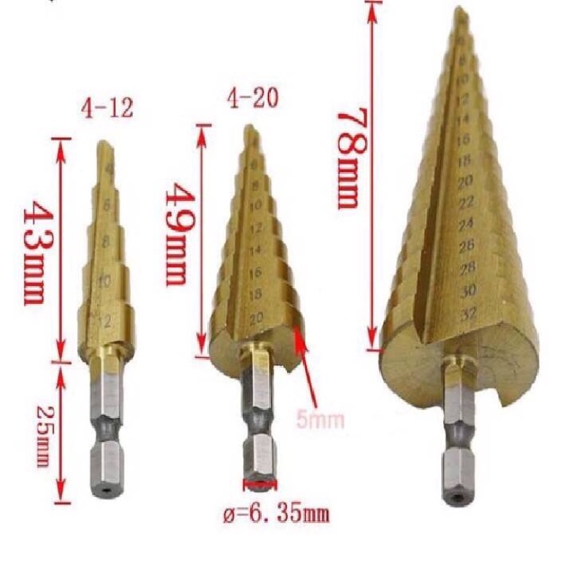 Bộ 3 mũi khoan tháp từ 4-32