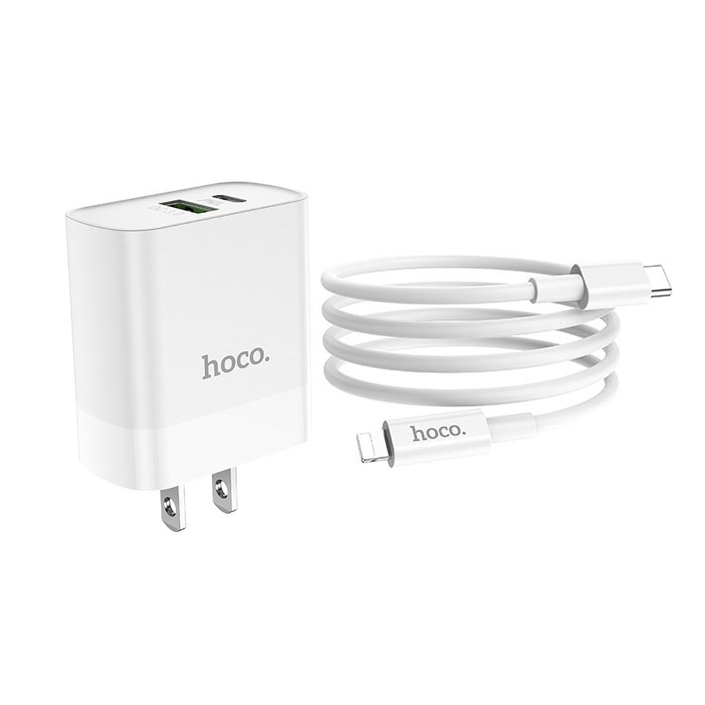 Bộ sạc Hoco C80 ( kèm cáp Type-C to Lightning ) củ sạc 2 cổng ( 1 USB A + Type-C ) PD 20W, Q.C 3.0, sạc nhanh 3A