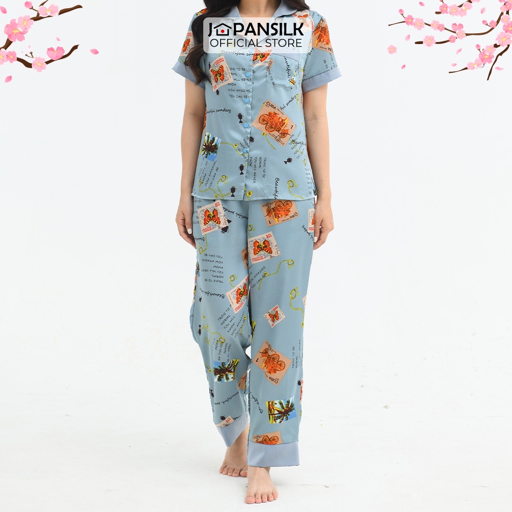 Bộ Ngủ Lụa Satin Pijama Cao Cấp JAPAN SILK Áo Cộc Quần Dài Họa Tiết Tem Thư Vintage