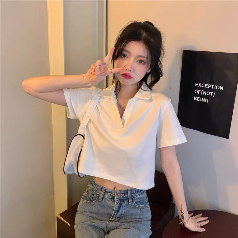 Áo croptop cổ bẻ polo nữ, áo borip chất tốt, thấm hút
