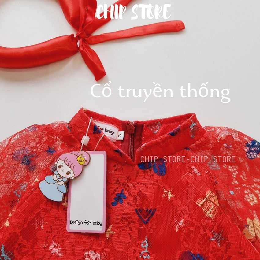 Áo dài mẹ bé cách tân CHIP STORE Thân áo ren đỏ cao cấp phối chân váy xòe bồng bềnh như công chúa