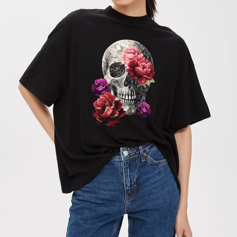 Áo phông nam nữ đầu lâu và đóa hoa vintage size XS-3XL 100% cotton