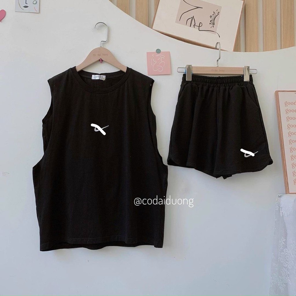 Set áo thun Tanktop mix quần short đùi in logo tích form rộng, bộ áo ba lỗ quần đùi trơn basic ulzzang