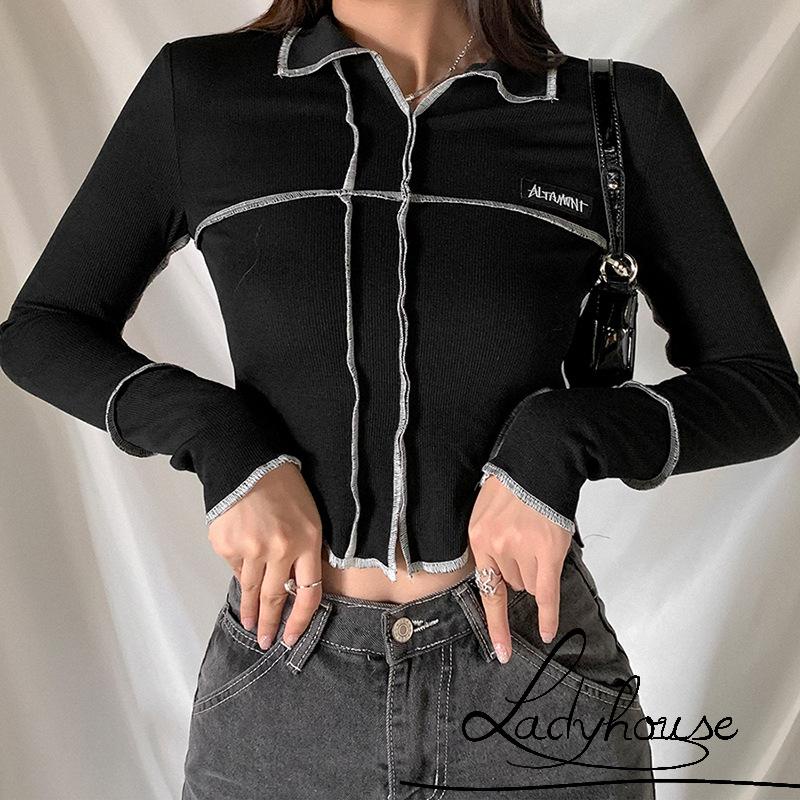 Áo Thun Tay Dài Cổ Bẻ Màu Đen Dáng Ôm Thời Trang Xuân Thu Dành Cho Nữ