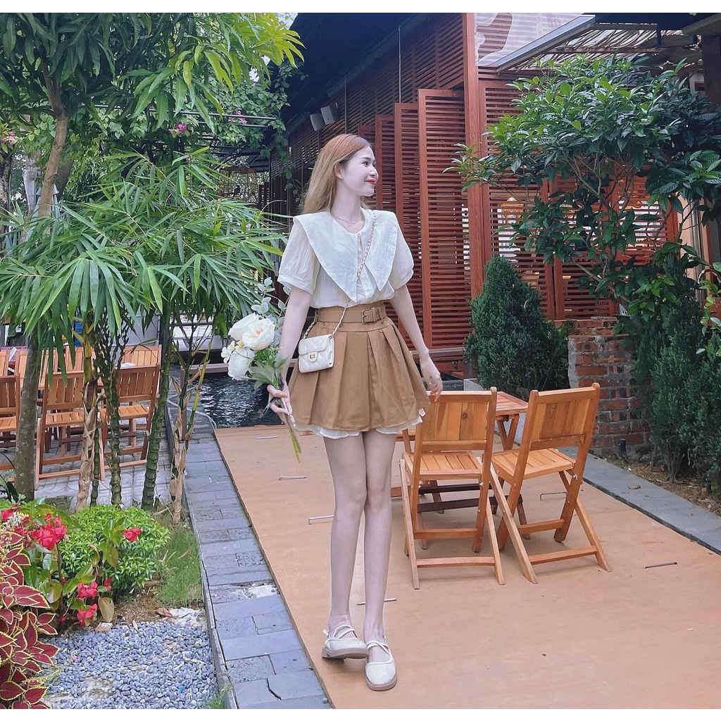 Set áo sơ mi cổ thuyền mix chân váy xếp li nâu tây kèm thắt lưng MIVOSA SV147