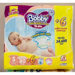 [Mẫu mới]Tã Dán Bobby Sơ  Sinh đệm thun thấm mồ hôi S80 (80 Miếng) + 6 Miếng