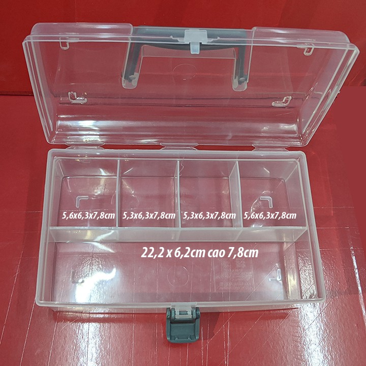 Hộp dụng cụ 5 ngăn, có khóa cài, quai xách 23,5x14,8cm cao 8,2cm. Sx tại Thái Lan