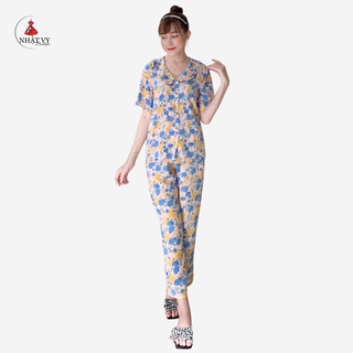 Đồ bộ hoa Nhật Vy tay ngắn quần dài phối bèo chất mango phù hợp đi chơi màu hồng vàng - D2085
