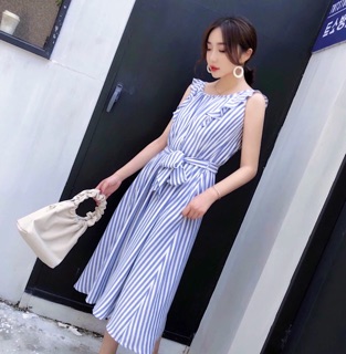 Đầm suông, váy midi sọc xanh dây bèo (kèm hình thật)
