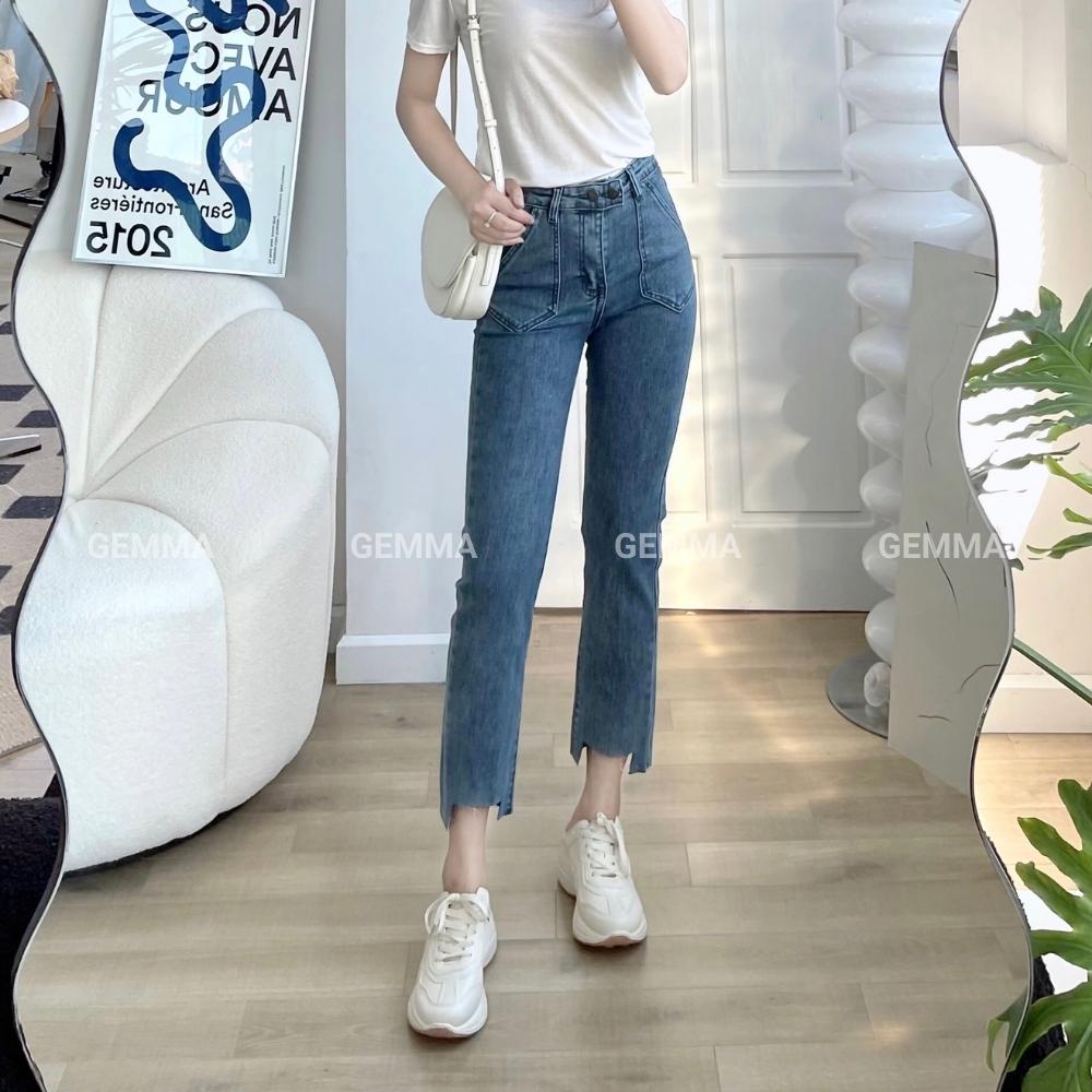 Quần jean nữ Gemma ống đứng trơn lưng cao, quần bò ống đứng nữ chất vải co giãn phong cách hàn quốc