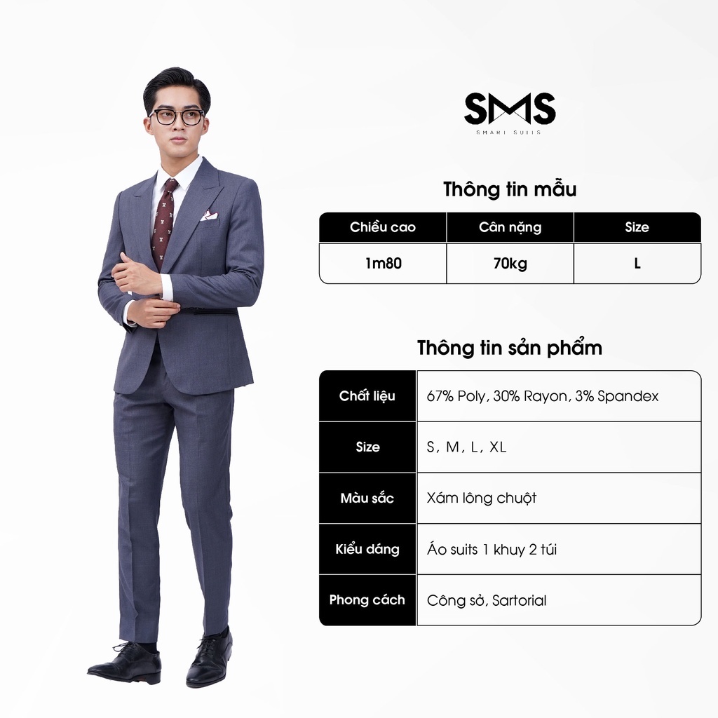 Vest nam xám lông chuột, suits sartorial, 1 khuy 2 túi, chuẩn form Smart Suits