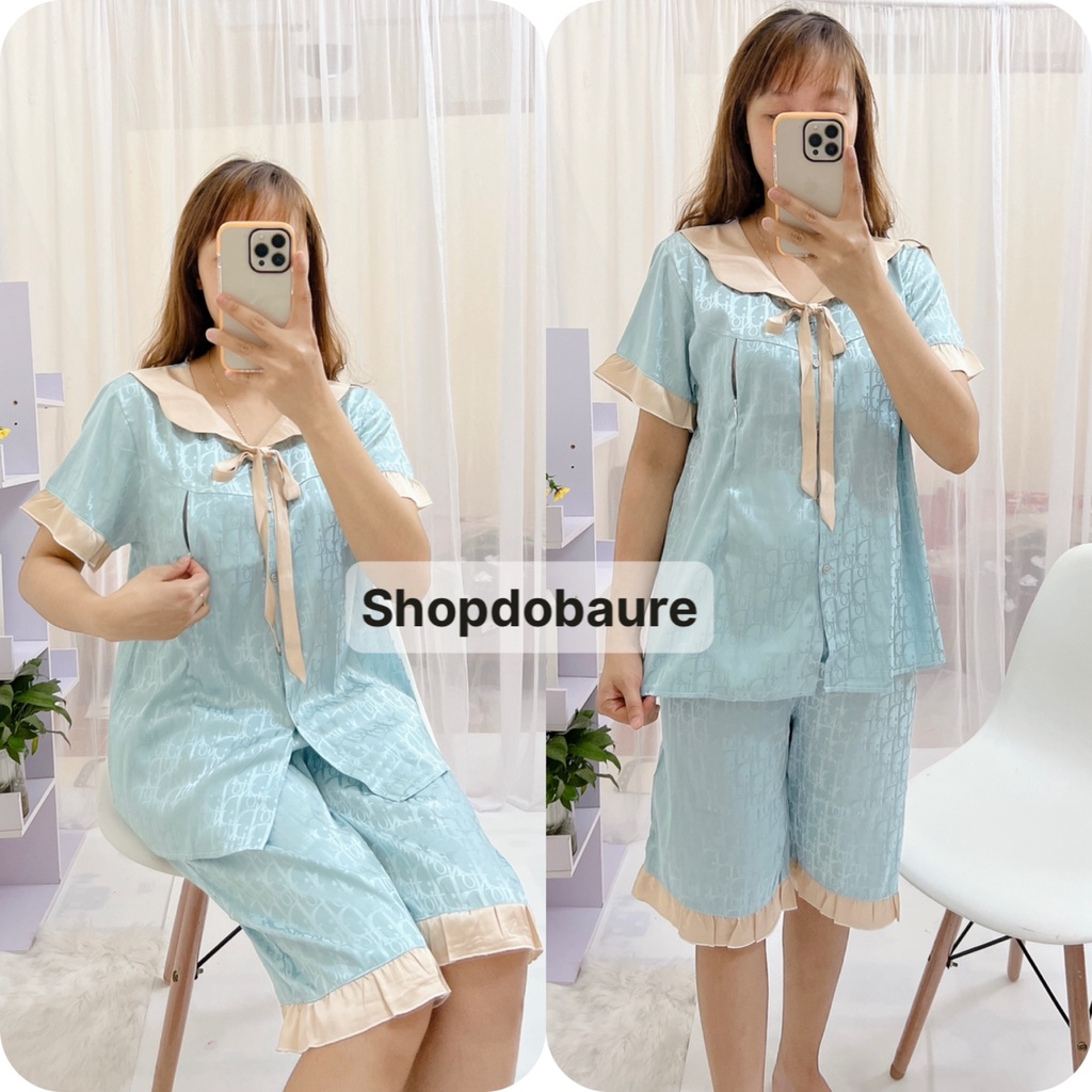 Bộ lụa gấm bầu và sau sinh áo cộc quần lửng MÙA HÈ sang xịn mịn có Nơ cổ - (BL10)