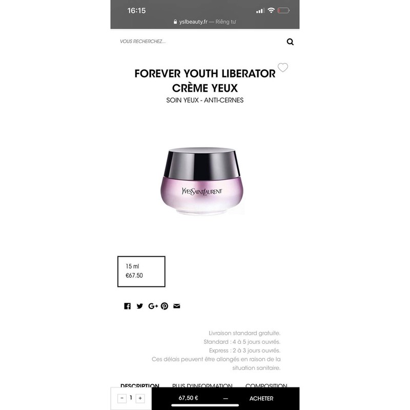 KEM MẮT YSL DÒNG TRẺ HOÁ FORVER YOUTH LIBERATOR 15ML GIẢM NHĂN CHỐNG THÂM