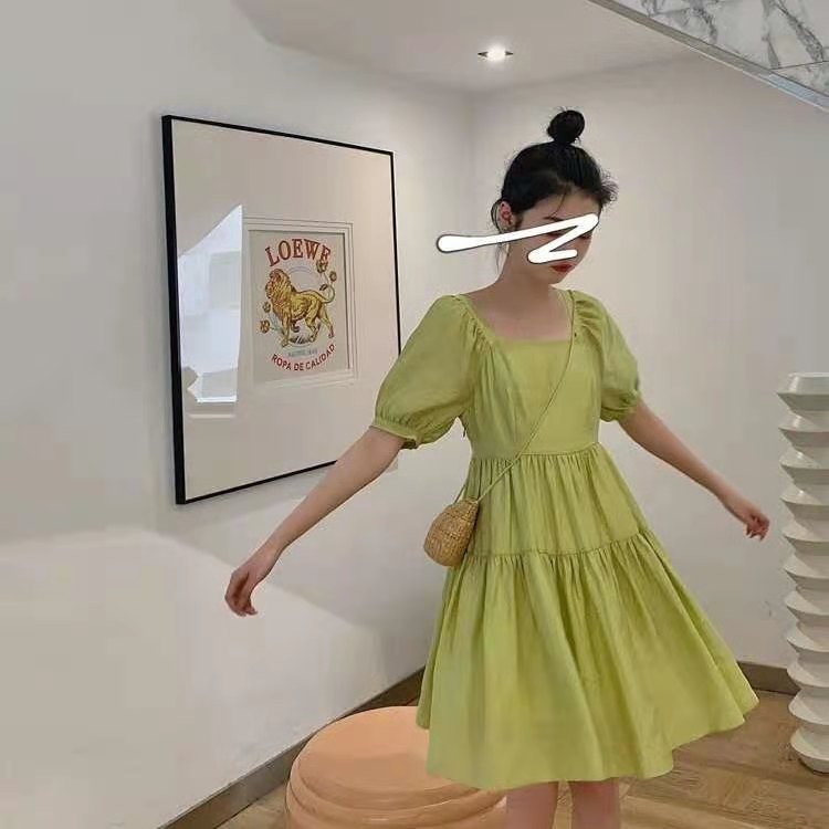 Đầm Dáng Chữ A Tay Phồng Chiết Eo Màu Xanh Bơ Dễ Thương | BigBuy360 - bigbuy360.vn