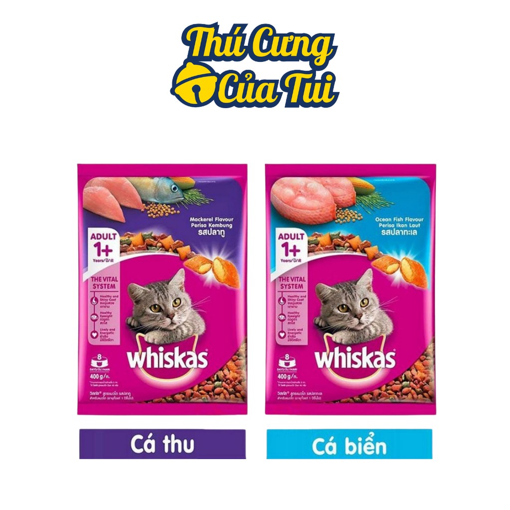 Thức Ăn Hạt Khô Whiskas Cho Mèo Lớn Vị Cá Thu Cá Biển Gói 400g - Thú Cưng Của Tui