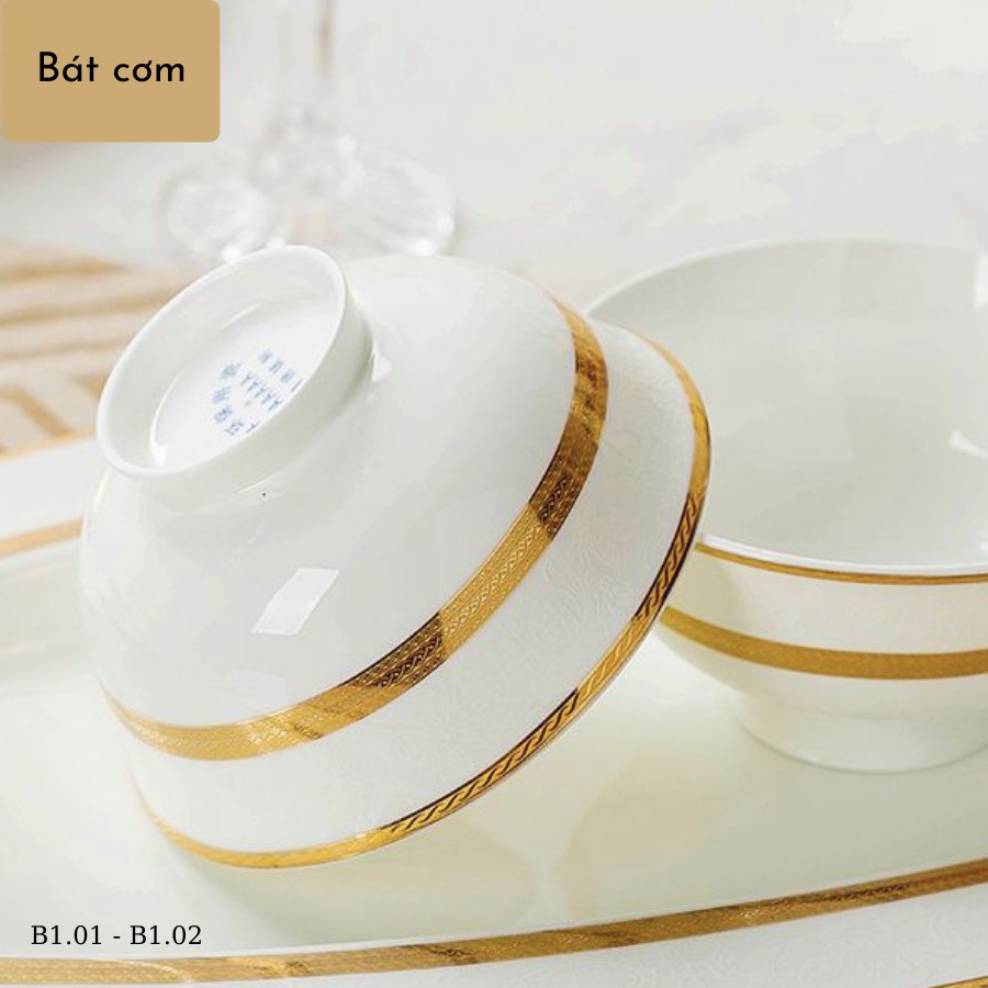 Bộ bát đĩa, bộ bát đĩa sứ xương trắng viền vàng 60 món cho 10 người - Phụ kiện bàn ăn sang trọng