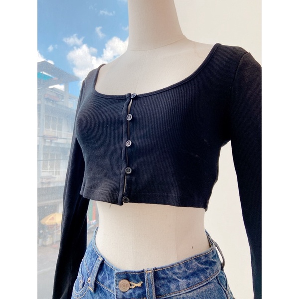 Áo croptop nữ chất thun co giãn tốt tay dài thiết kế gài nút MIEU - JJL07