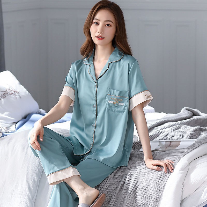 Bộ đồ ngủ pijama lụa băng cao cấp mùa hè mỏng tay ngắn mô phỏng tơ tằm cho bà mẹ trung niên và người già phục vụ