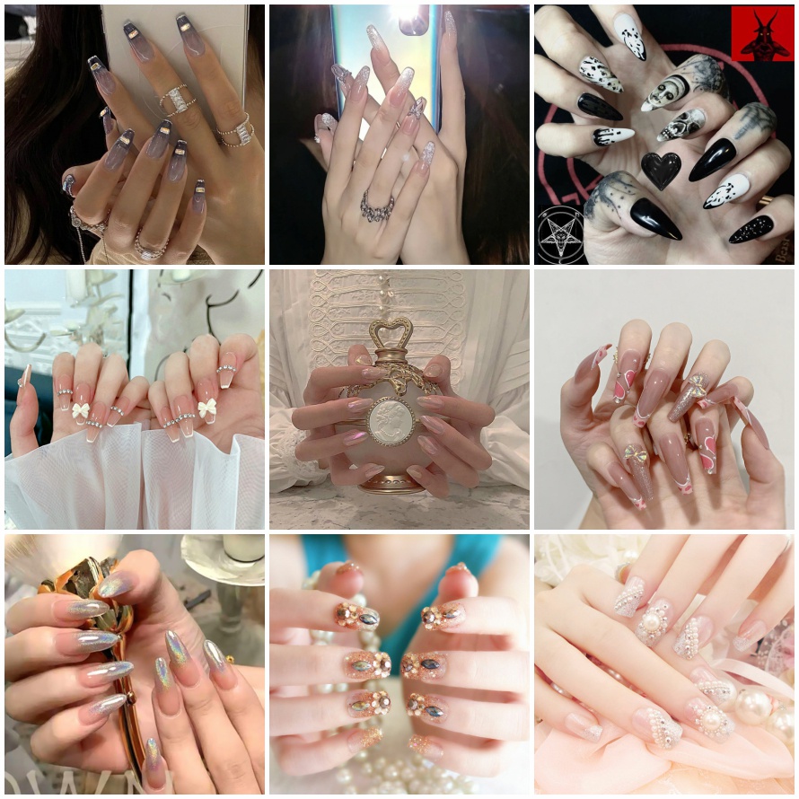 Móng giả đính đá Móng tay giả đính đá dài nhọn/Họa Tiết Trái Tim/ Nơ Thời Trang Có Keo Dán