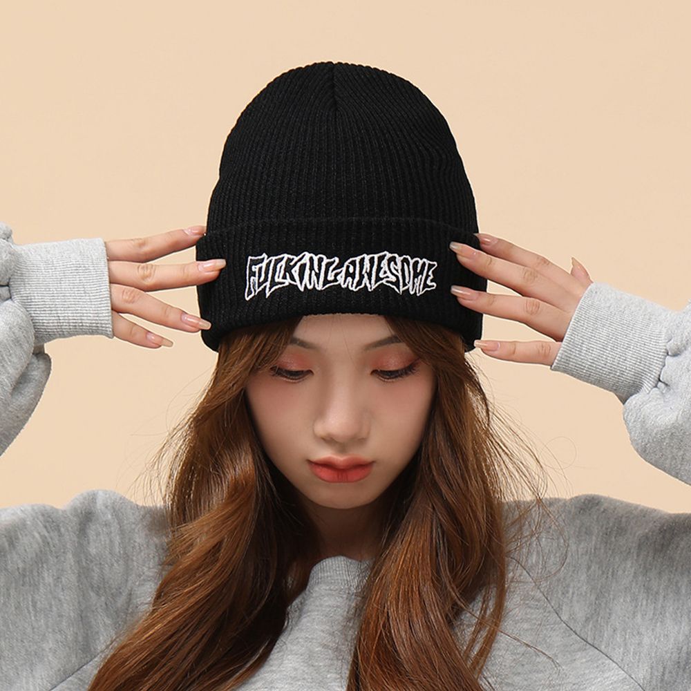 Mũ beanie dệt kim màu trơn thêu chữ phong cách Hàn Quốc thời trang cho nữ