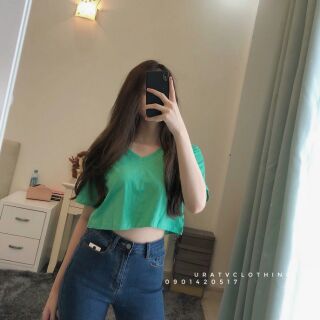 Áo thun giấy croptop cổ tim màu + sọc