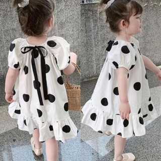 Váy bé gái chấm bi đỏ đen baby doll nơ lưng xhn294