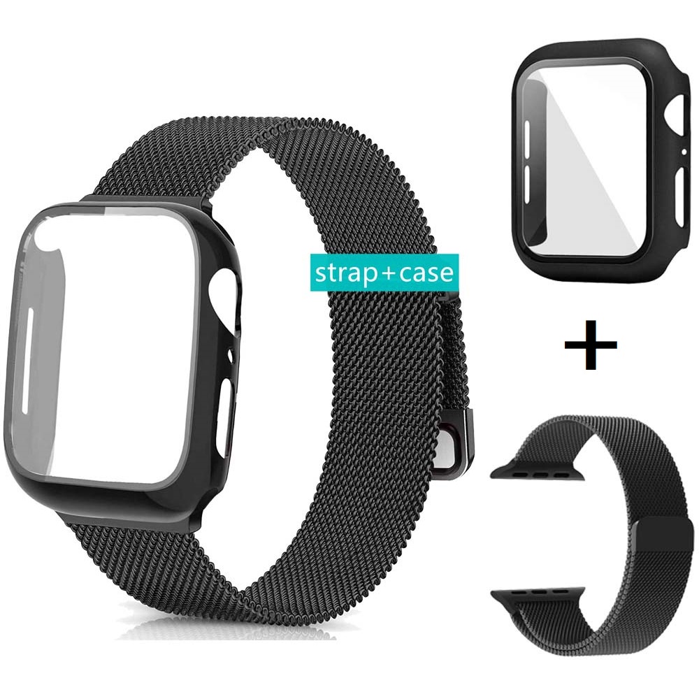 Ốp Bảo Vệ Đồng Hồ Thông Minh Bằng Thép Không Gỉ + Kính Cường Lực Cho Apple Watch 41 / 40 / 38mm 45 / 44 / 42mm Series 8 / 7 / SE / 6 / 5 / 4 / 3 / 2 / 1