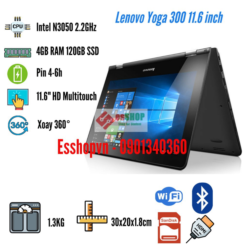 Laptop Lenovo Yoga 300-11IBR màn hình cảm ứng 11.6 inch 4GB RAM 120GB SSD Intel N3050 2.2GHz - Likenew 98-99% | BigBuy360 - bigbuy360.vn