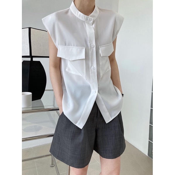 Áo sơ mi nữ sát nách có độn vai - A001